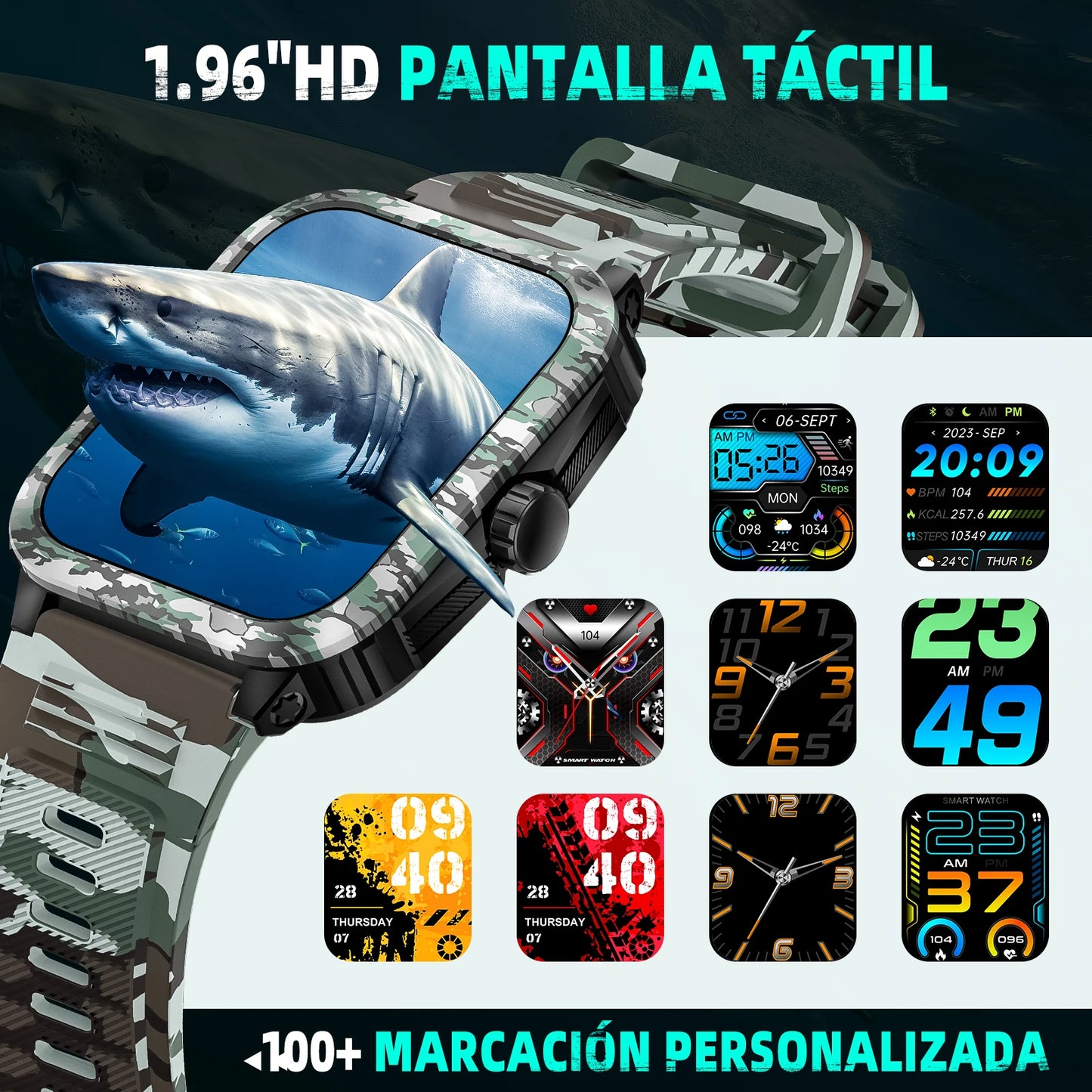 EIGIIS Military Smart Watches for Men 3ATM Waterproof 1.96” Big Screen Rugged Sports Swimming Outdoor Smartwatch for Android iOS