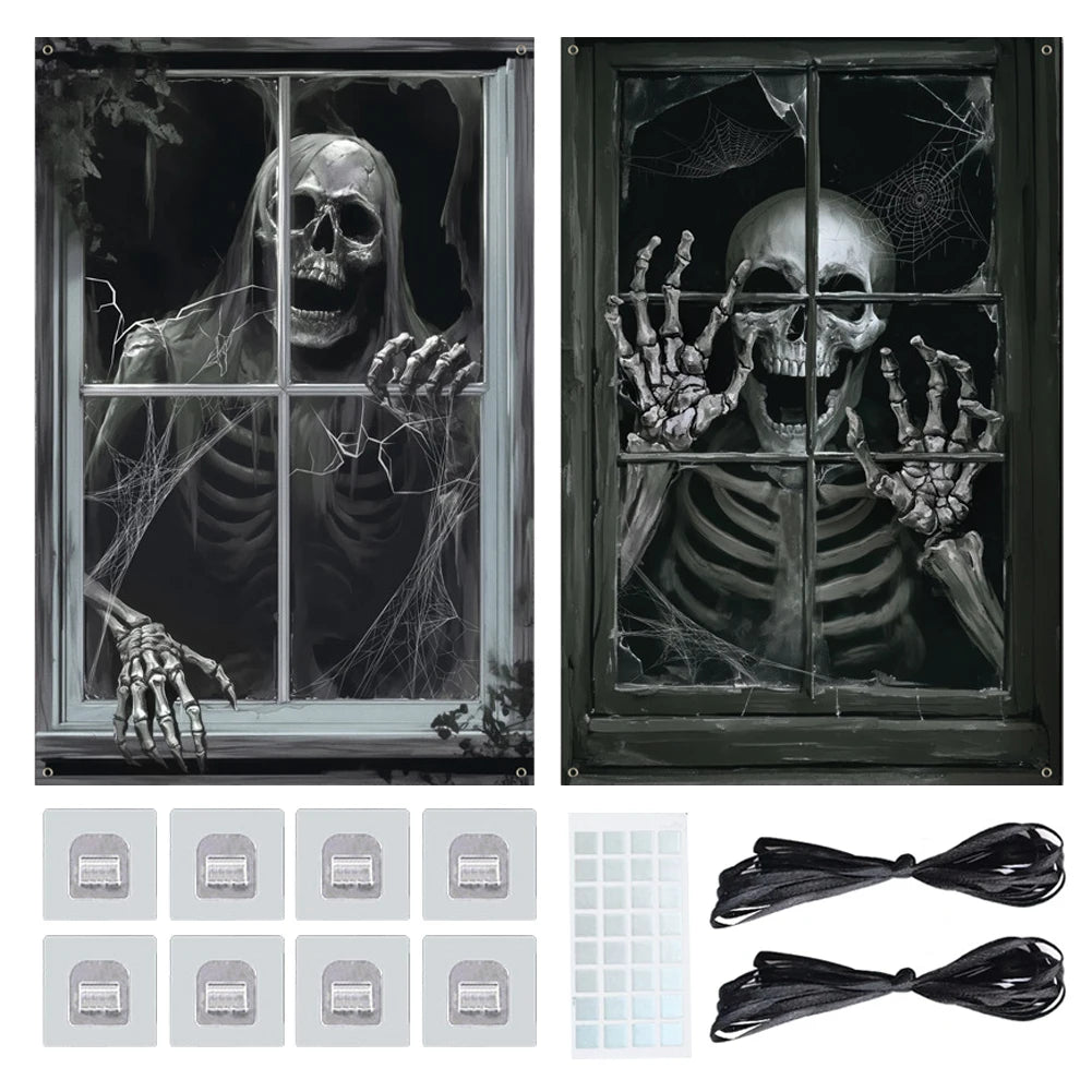 Halloween Scary Window Cover Terrifying Printed Eerie Scary Tapestry with Hooks Lunatic Wall Cover for Haunted House Scenery