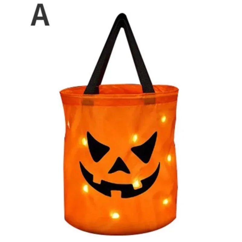 LED Light Halloween Trick Or Treat Bucket Pumpkin Candy Bags Collapsible Halloween Basket For Thanksgiving Party Gift Basket