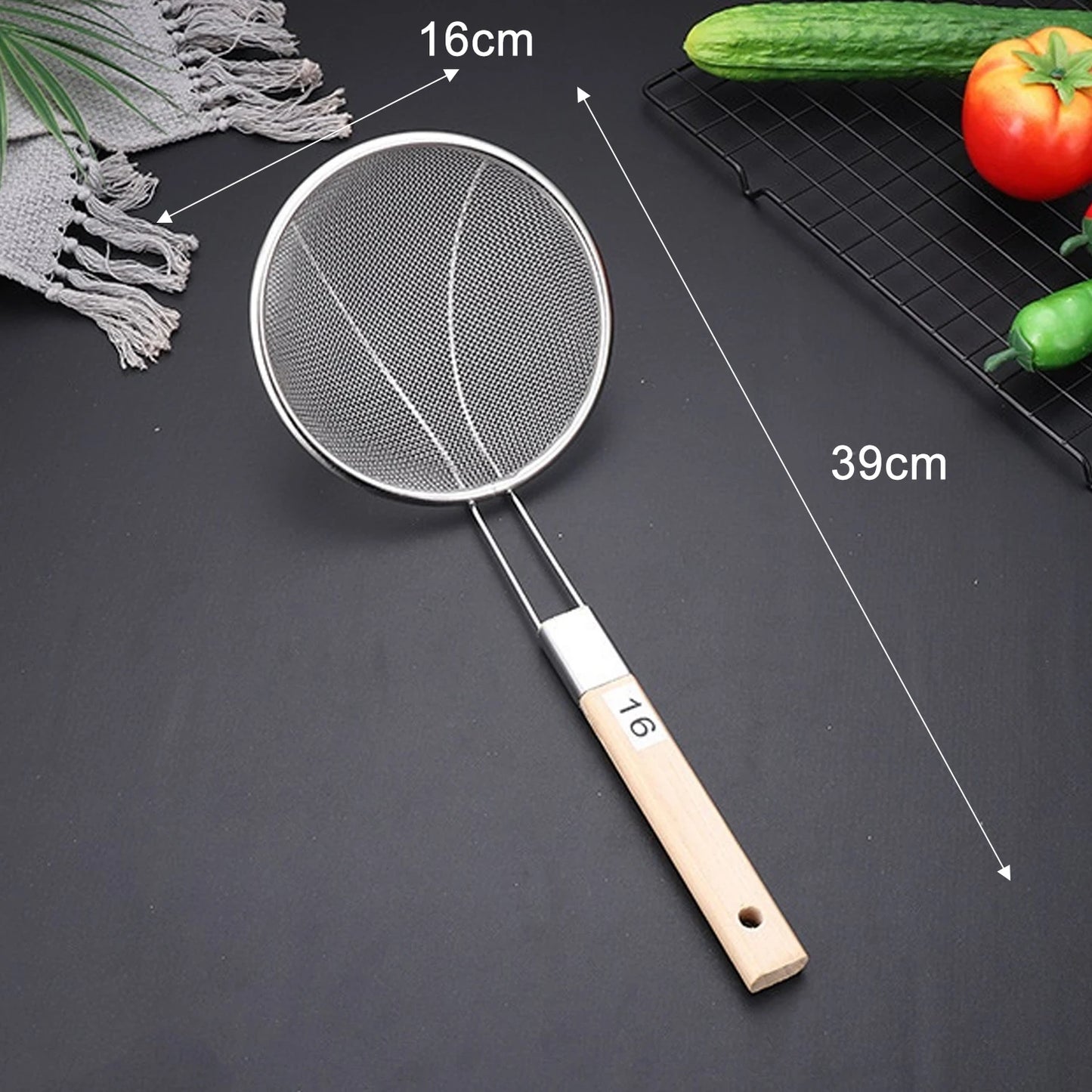 Stainless Steel Skimmer Spoon with Wooden Handle Large Mesh Frying Filter Oil Residue Food Strainer Easy Clean Kitchen Cooking