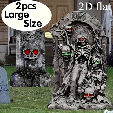 Halloween large outdoor decoration, 2 tombstones and courtyard signs, equipped with 8 plastic stakes, realistic skull tombstones