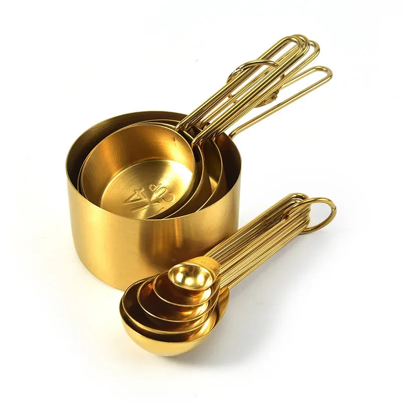 Stainless Steel Gold Measuring Cups and Spoons Set Stackable Premium Kitchen Tools for Coffee Baking Flour Home Accessories
