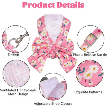 Dog Harness and Leash Set Adjustable Puppy Harness Mesh Vest Set Bow Knot Pet Clothes for Small Girl Dog Cat Summer Pink XSmall