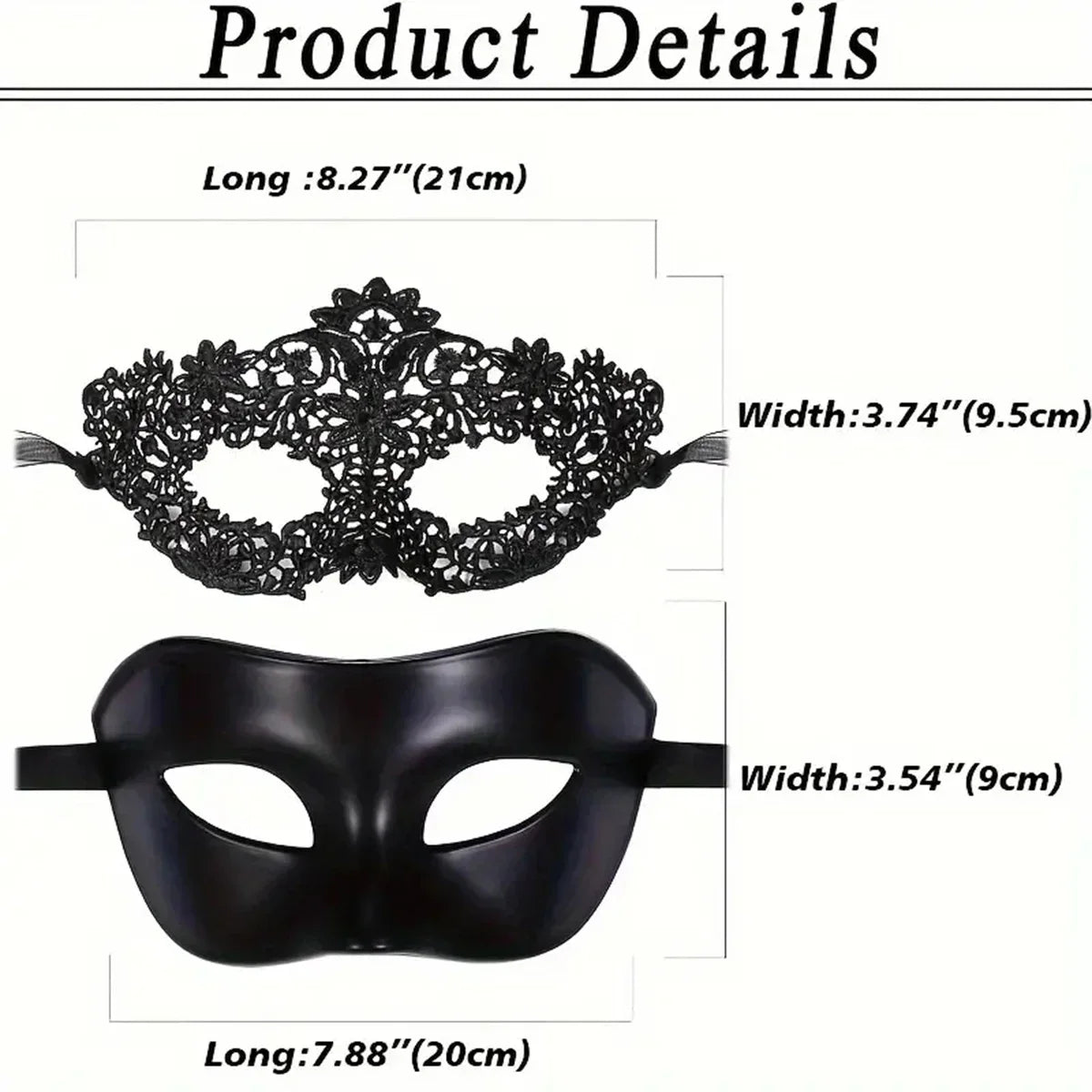 2pcs Elegant Black Lace Masquerade Mask Set For Couples - Perfect For Venetian Party, Mardi Gras, And Halloween Celebrations