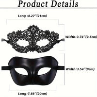 2pcs Elegant Black Lace Masquerade Mask Set For Couples - Perfect For Venetian Party, Mardi Gras, And Halloween Celebrations