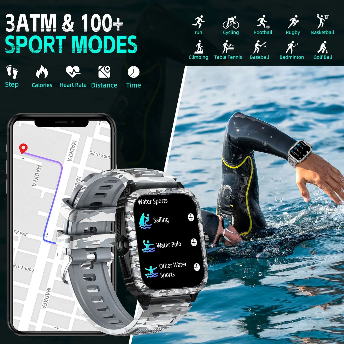 EIGIIS Military Smart Watches for Men 3ATM Waterproof 1.96” Big Screen Rugged Sports Swimming Outdoor Smartwatch for Android iOS