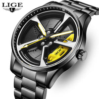 LIGE New Sports Mens Car Wheel Watches Business Waterproof Quartz Watch For Men Stainless Steel Hub Wheel Dial Design Watch Men