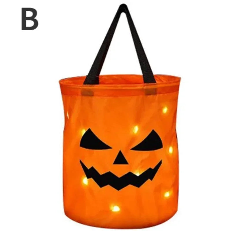 LED Light Halloween Trick Or Treat Bucket Pumpkin Candy Bags Collapsible Halloween Basket For Thanksgiving Party Gift Basket