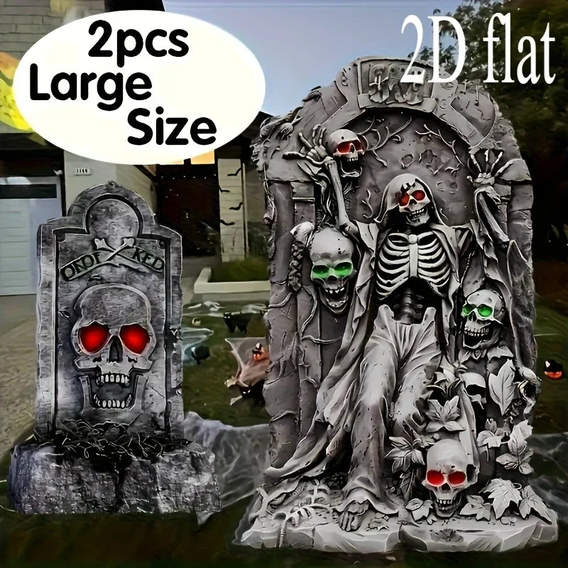 Halloween large outdoor decoration, 2 tombstones and courtyard signs, equipped with 8 plastic stakes, realistic skull tombstones