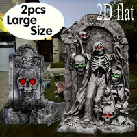 Halloween large outdoor decoration, 2 tombstones and courtyard signs, equipped with 8 plastic stakes, realistic skull tombstones
