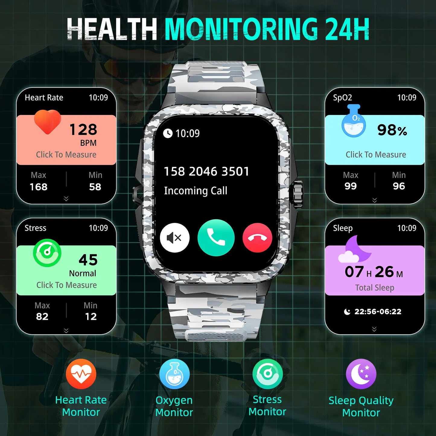 EIGIIS Military Smart Watches for Men 3ATM Waterproof 1.96” Big Screen Rugged Sports Swimming Outdoor Smartwatch for Android iOS