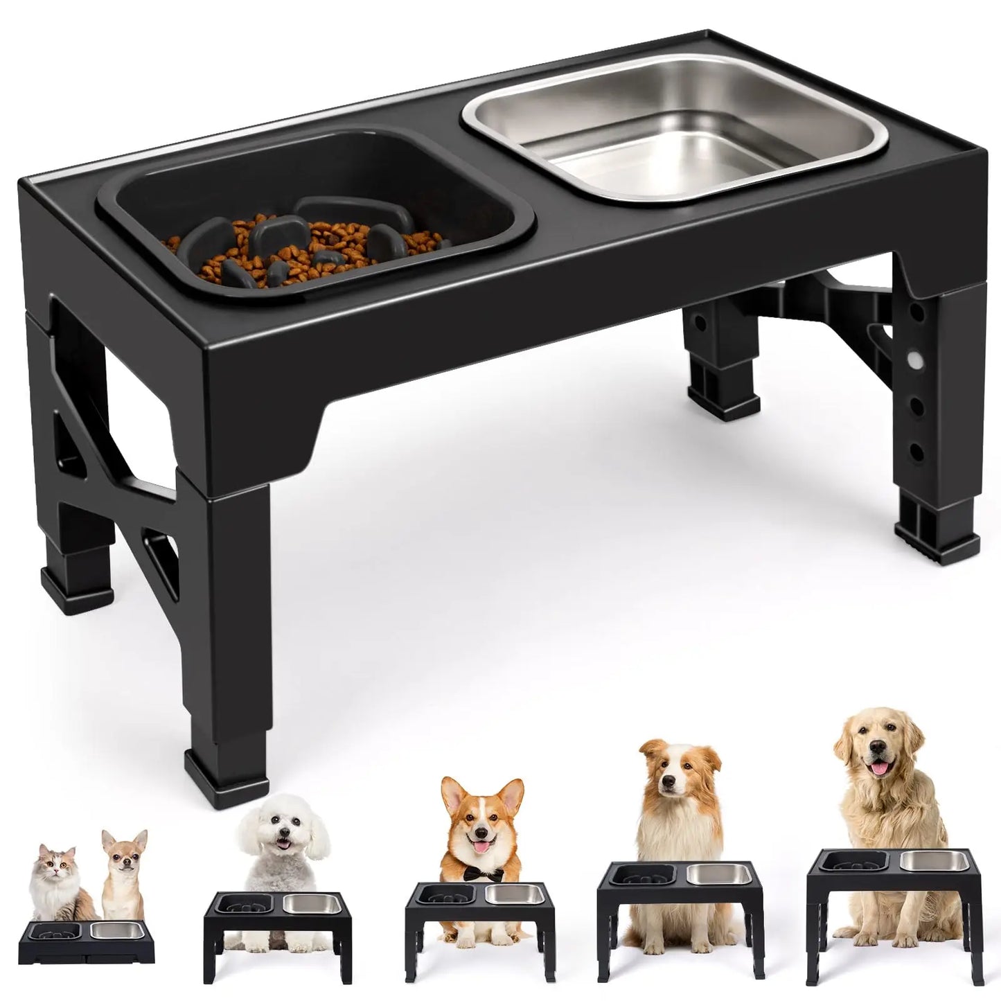 2-in-1 Elevated Slow Feeder Dog Bowls, Non-Slip Stainless Steel/Plastic/ Pet Food & Water Bowls with Foldable Stand