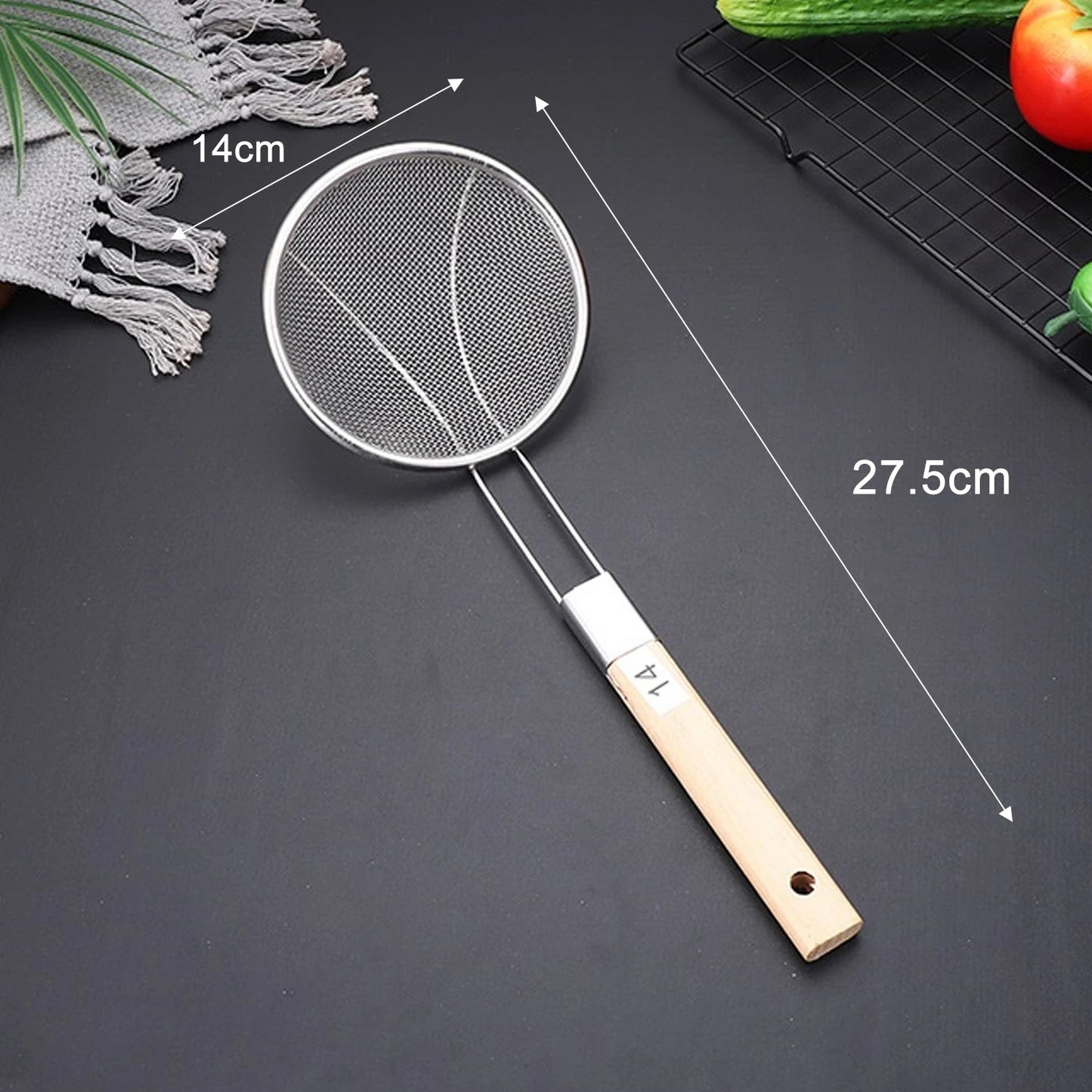 Stainless Steel Skimmer Spoon with Wooden Handle Large Mesh Frying Filter Oil Residue Food Strainer Easy Clean Kitchen Cooking