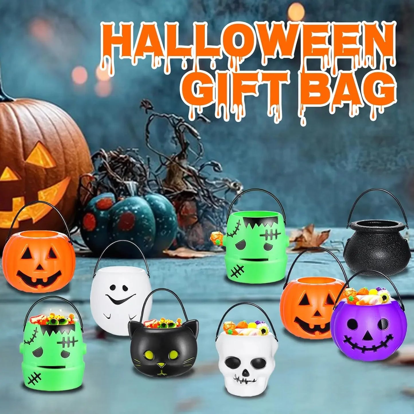 Halloween Candy Bucket Mini Halloween Candy Holder Pumpkin Ghost Cauldron Plastic Bucket Party Supplies for Trick or Treat