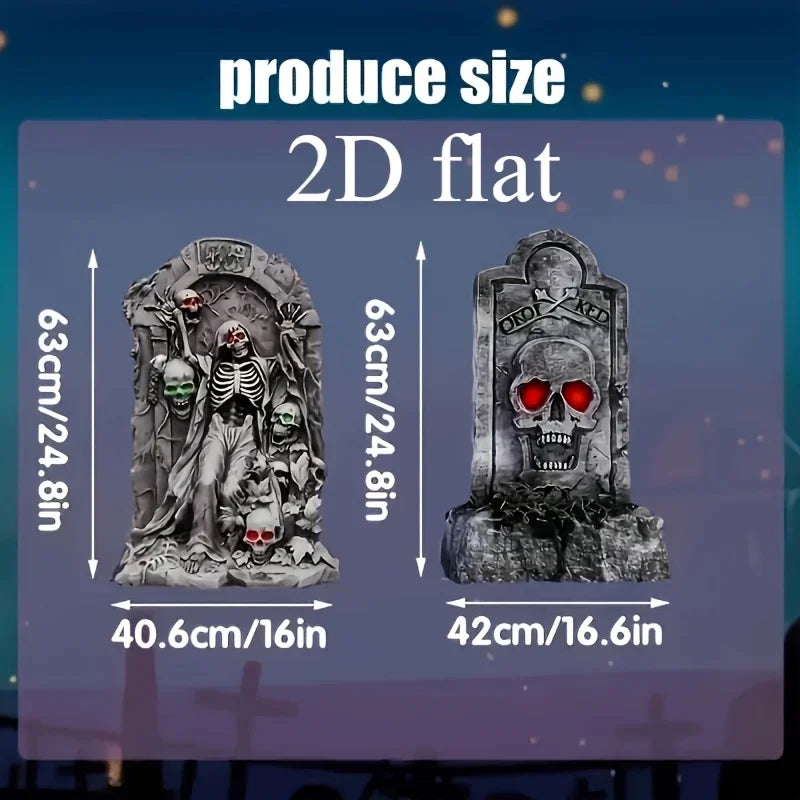 Halloween large outdoor decoration, 2 tombstones and courtyard signs, equipped with 8 plastic stakes, realistic skull tombstones