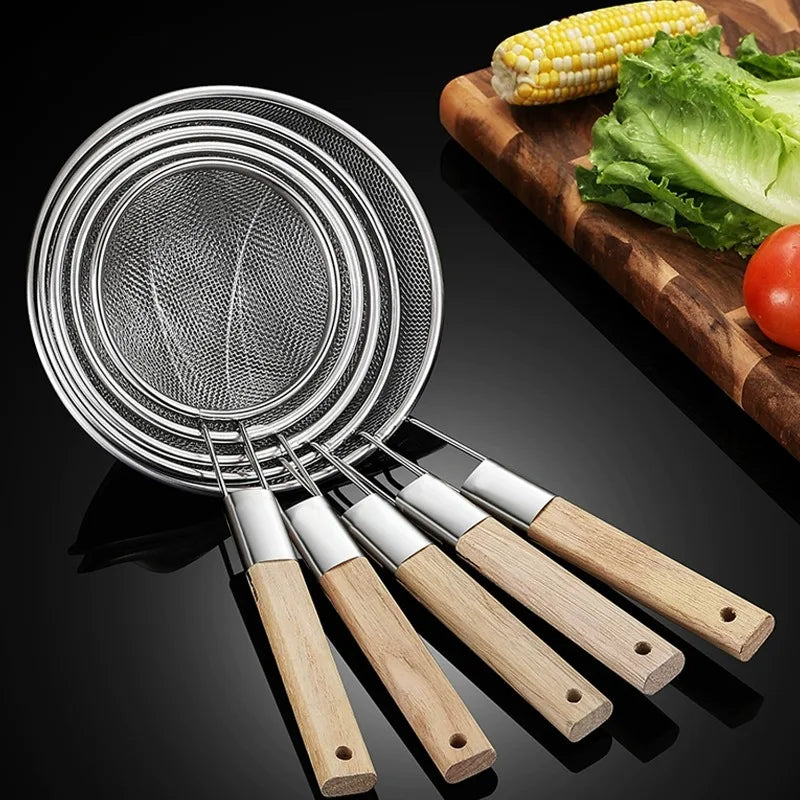 Stainless Steel Skimmer Spoon with Wooden Handle Large Mesh Frying Filter Oil Residue Food Strainer Easy Clean Kitchen Cooking