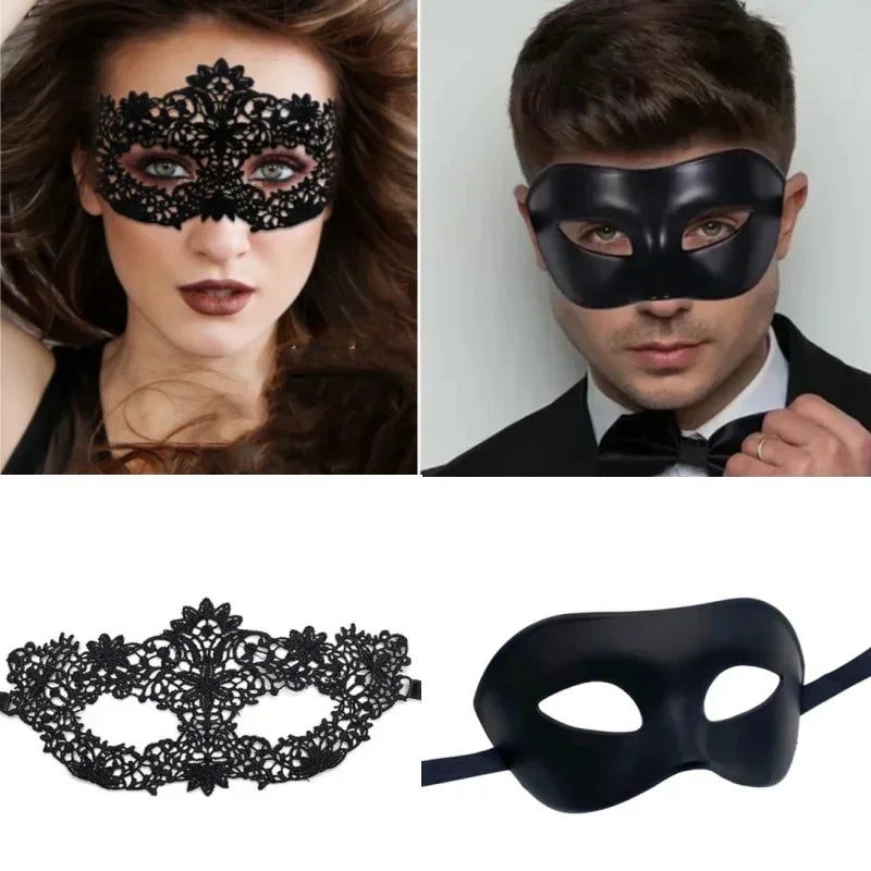 2pcs Elegant Black Lace Masquerade Mask Set For Couples - Perfect For Venetian Party, Mardi Gras, And Halloween Celebrations