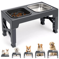 2-in-1 Elevated Slow Feeder Dog Bowls, Non-Slip Stainless Steel/Plastic/ Pet Food & Water Bowls with Foldable Stand