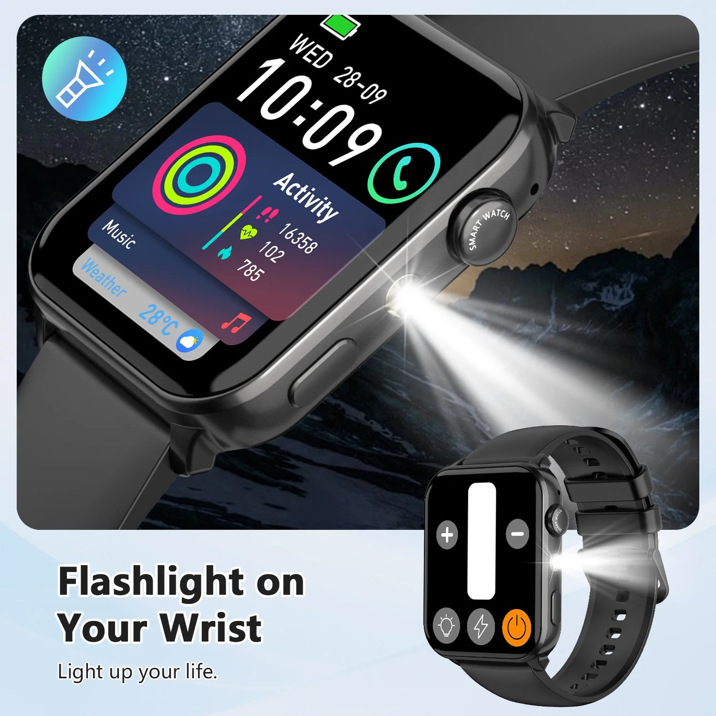 IOWODO New Bluetooth Smartwatch R30 Max 1.91'' TFT HD Screen Outdoor Watch with LED Flashlight 100+ Sports Mode Fitness Watch