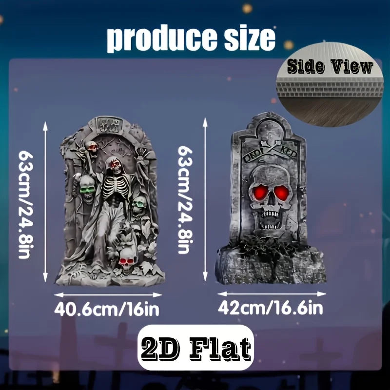 Halloween large outdoor decoration, 2 tombstones and courtyard signs, equipped with 8 plastic stakes, realistic skull tombstones