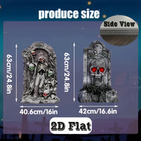 Halloween large outdoor decoration, 2 tombstones and courtyard signs, equipped with 8 plastic stakes, realistic skull tombstones