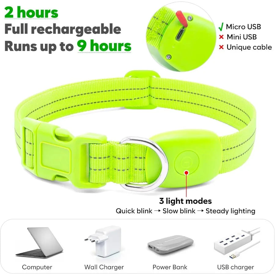 Light Up Dog Collars Rechargeable Reflective LED Glow Dark Dog Collar for Small Medium Large Dogs Adjustable Pet Dog Lights for