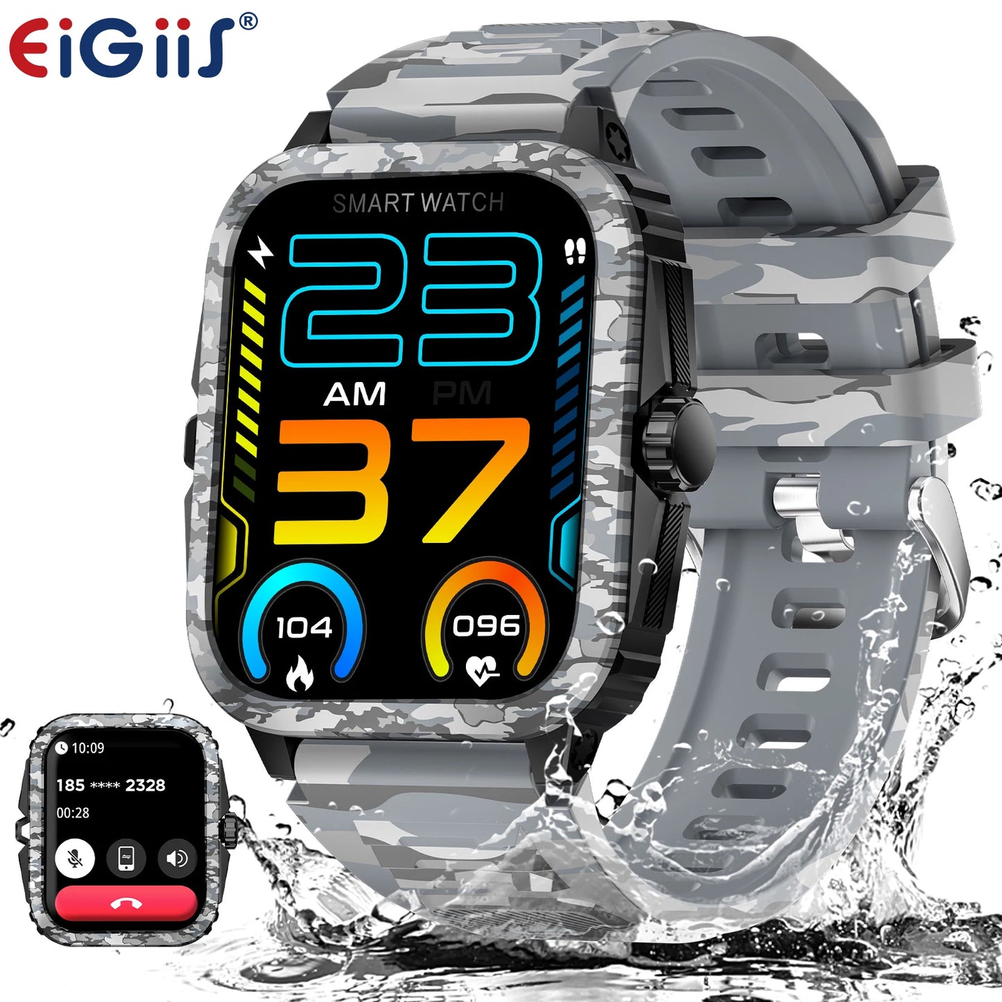 EIGIIS Military Smart Watches for Men 3ATM Waterproof 1.96” Big Screen Rugged Sports Swimming Outdoor Smartwatch for Android iOS