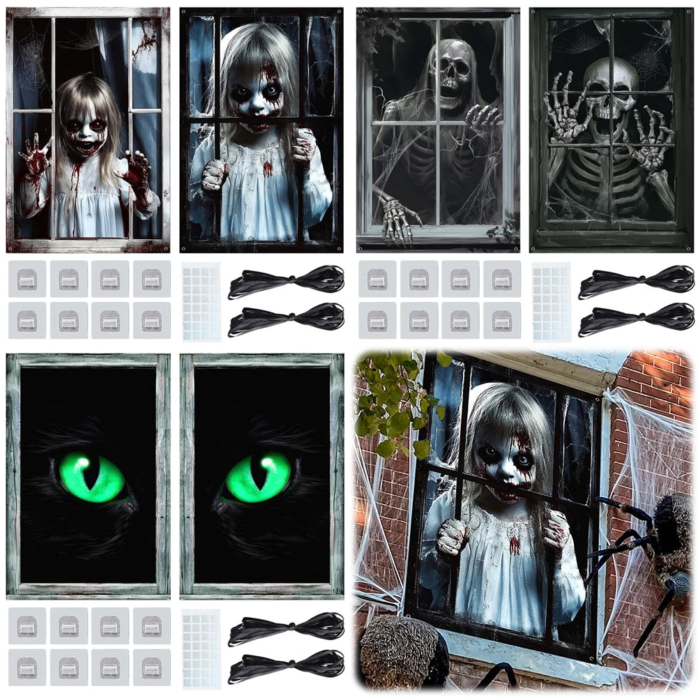 Halloween Scary Window Cover Terrifying Printed Eerie Scary Tapestry with Hooks Lunatic Wall Cover for Haunted House Scenery