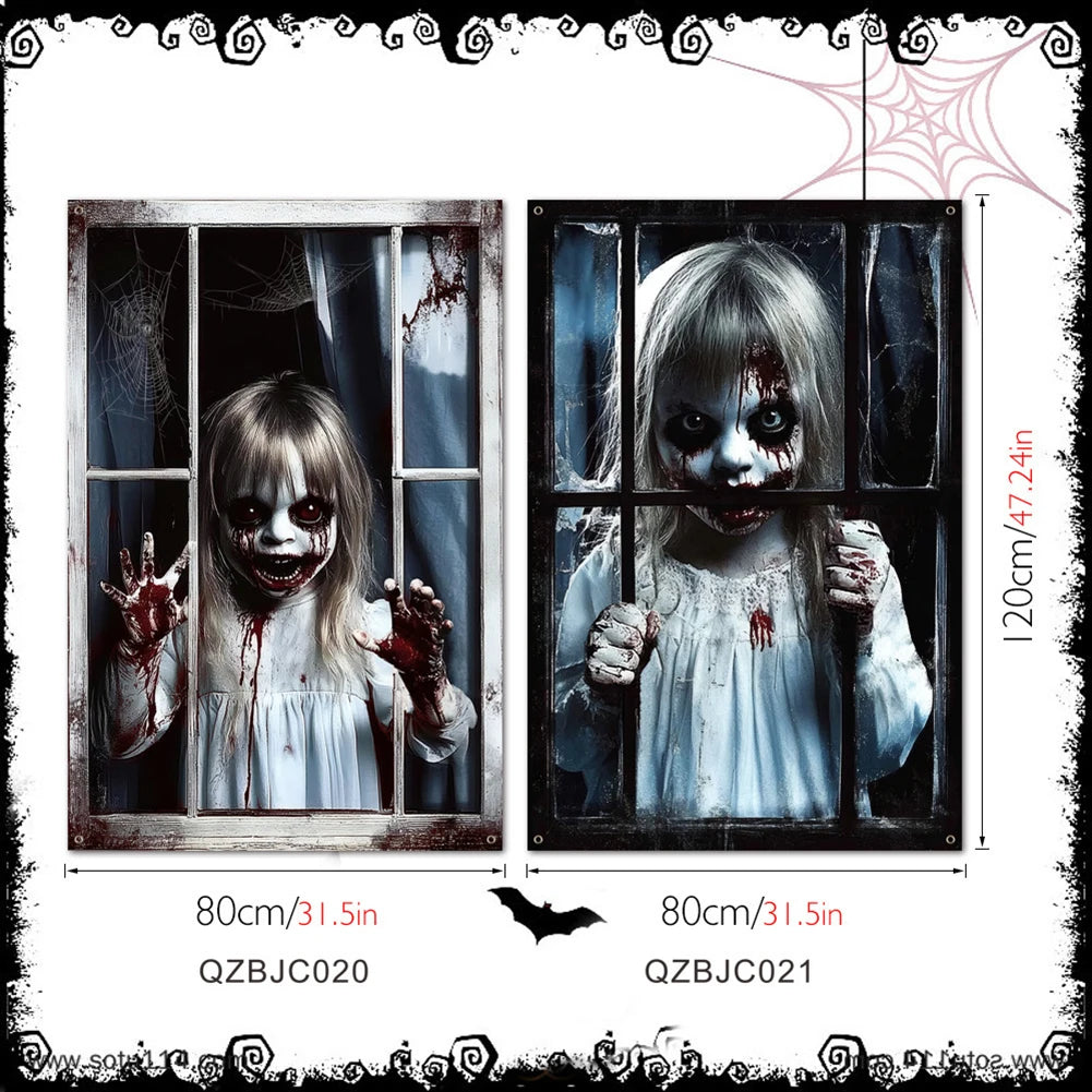 Halloween Scary Window Cover Terrifying Printed Eerie Scary Tapestry with Hooks Lunatic Wall Cover for Haunted House Scenery