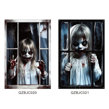 Halloween Scary Window Cover Terrifying Printed Eerie Scary Tapestry with Hooks Lunatic Wall Cover for Haunted House Scenery