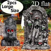 Halloween large outdoor decoration, 2 tombstones and courtyard signs, equipped with 8 plastic stakes, realistic skull tombstones
