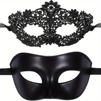 2pcs Elegant Black Lace Masquerade Mask Set For Couples - Perfect For Venetian Party, Mardi Gras, And Halloween Celebrations