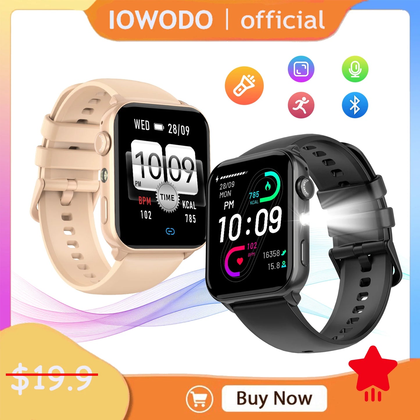 IOWODO New Bluetooth Smartwatch R30 Max 1.91'' TFT HD Screen Outdoor Watch with LED Flashlight 100+ Sports Mode Fitness Watch