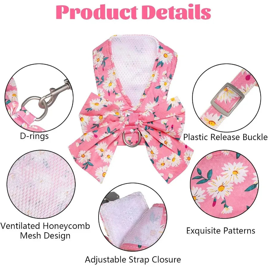 Dog Harness and Leash Set Adjustable Puppy Harness Mesh Vest Set Bow Knot Pet Clothes for Small Girl Dog Cat Summer Pink XSmall