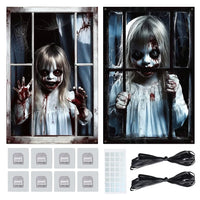 Halloween Scary Window Cover Terrifying Printed Eerie Scary Tapestry with Hooks Lunatic Wall Cover for Haunted House Scenery