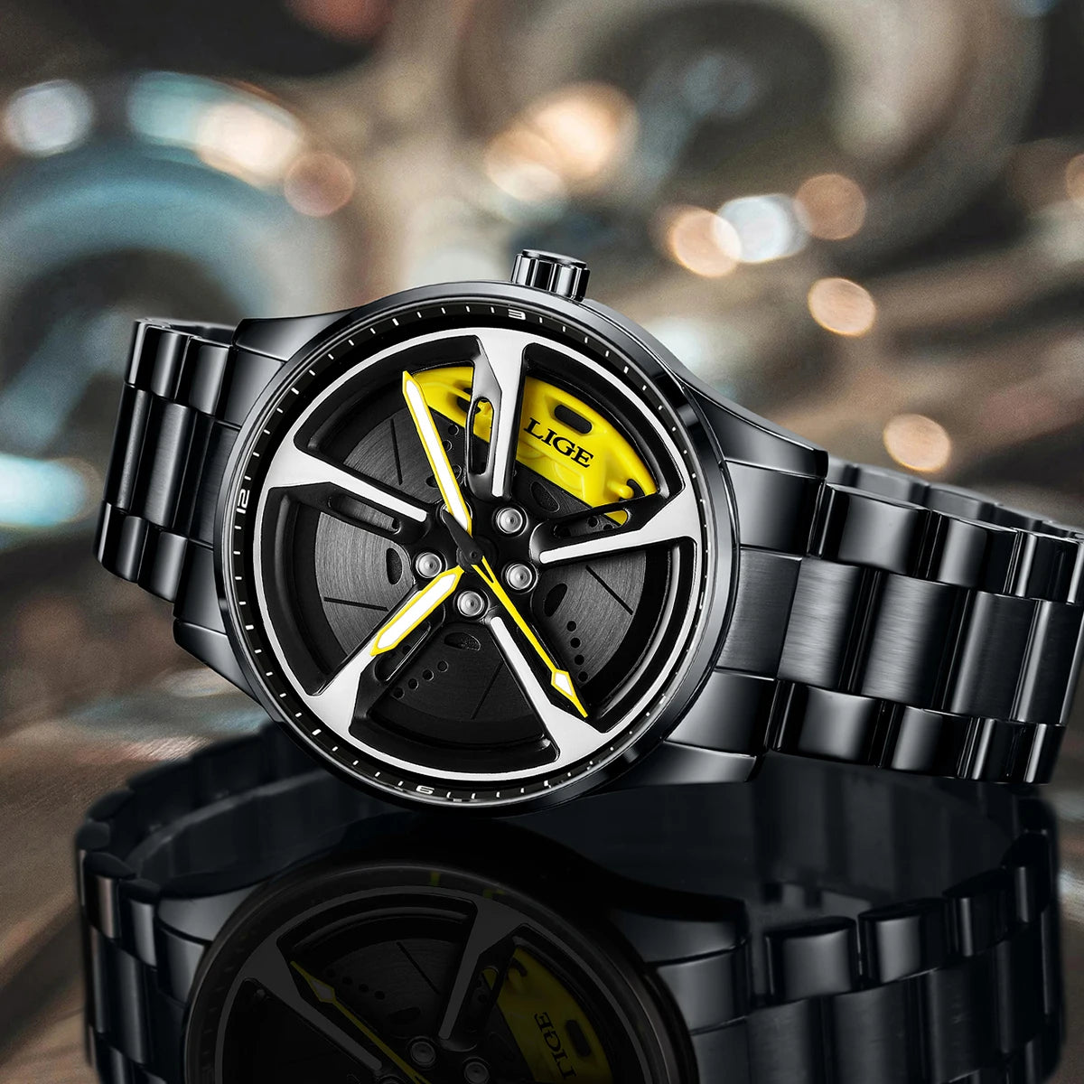 LIGE New Sports Mens Car Wheel Watches Business Waterproof Quartz Watch For Men Stainless Steel Hub Wheel Dial Design Watch Men